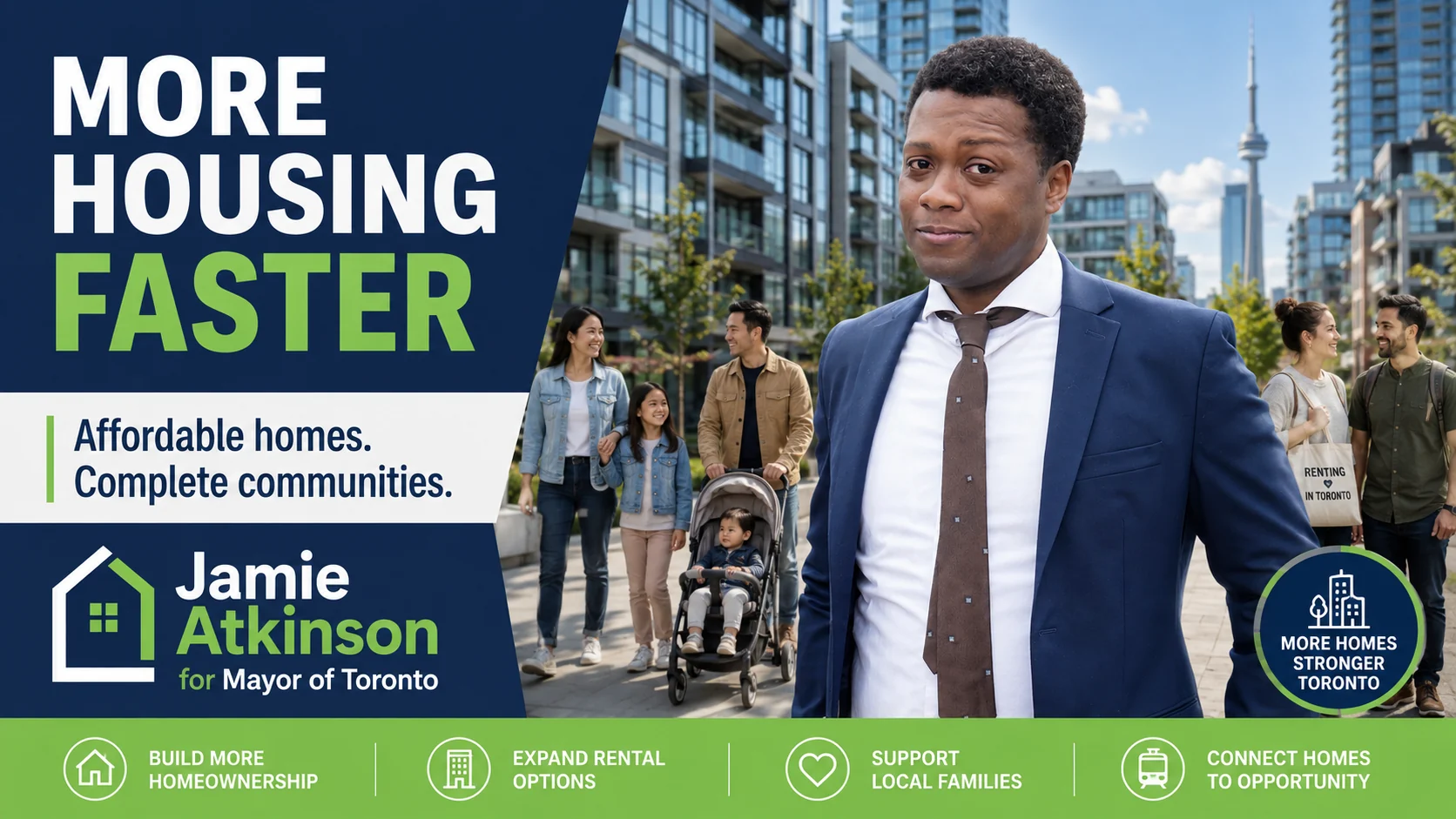 More Housing Faster campaign artwork with Toronto families and new homes