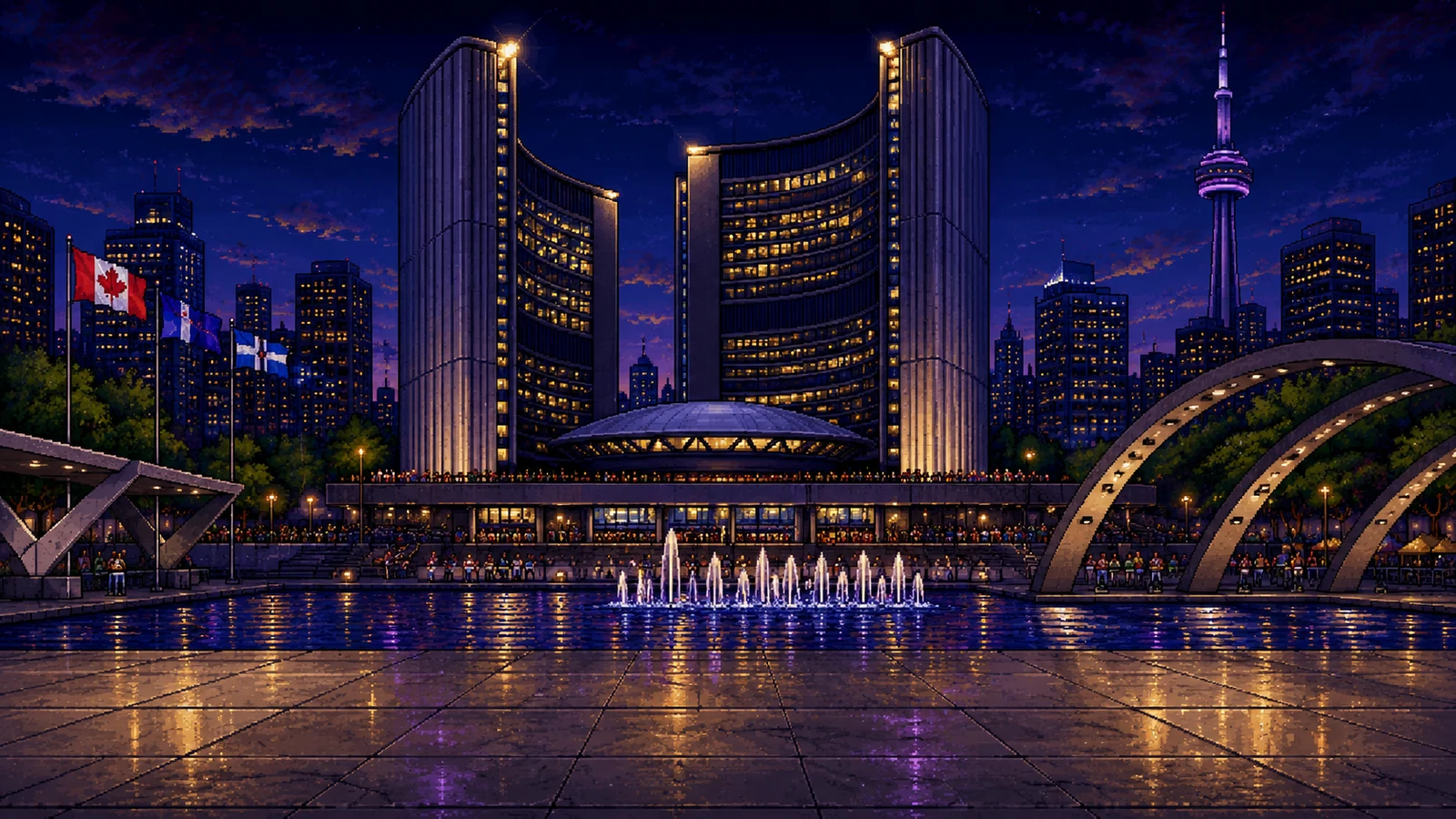 Pixel-art Toronto City Hall at night from the Mayormania game